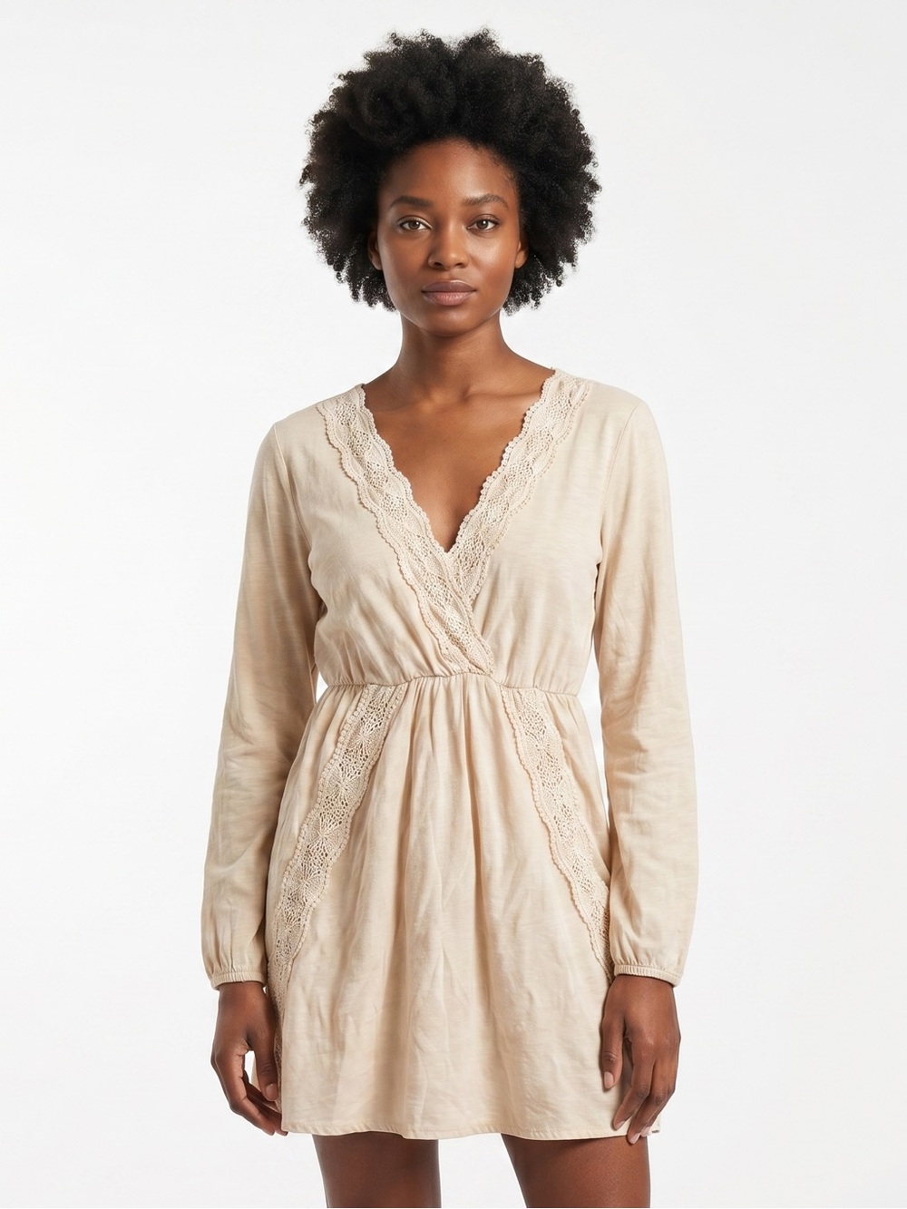 Sage Cream Mini Dress with Crocheted Trim, V-Neck and Bell sleeves, Lined, M
